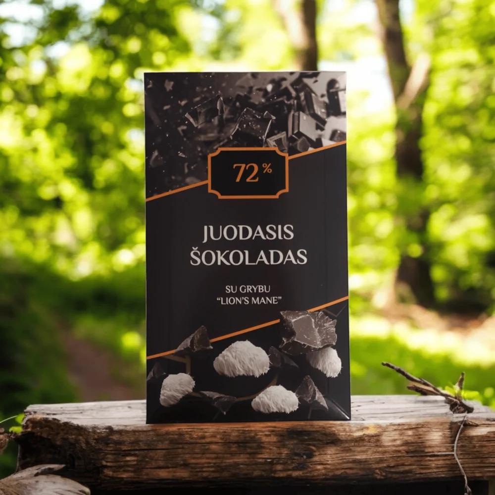 Juodasis šokoladas 72% su grybu LION'S MANE, 75 g